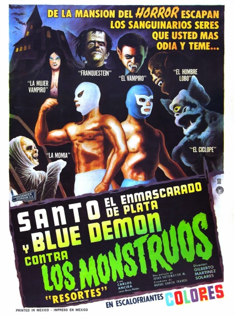 Cartel de la película Santo y Blue Demon contra los monstruos (Dirección: Gilberto Martínez Solares)1969.
